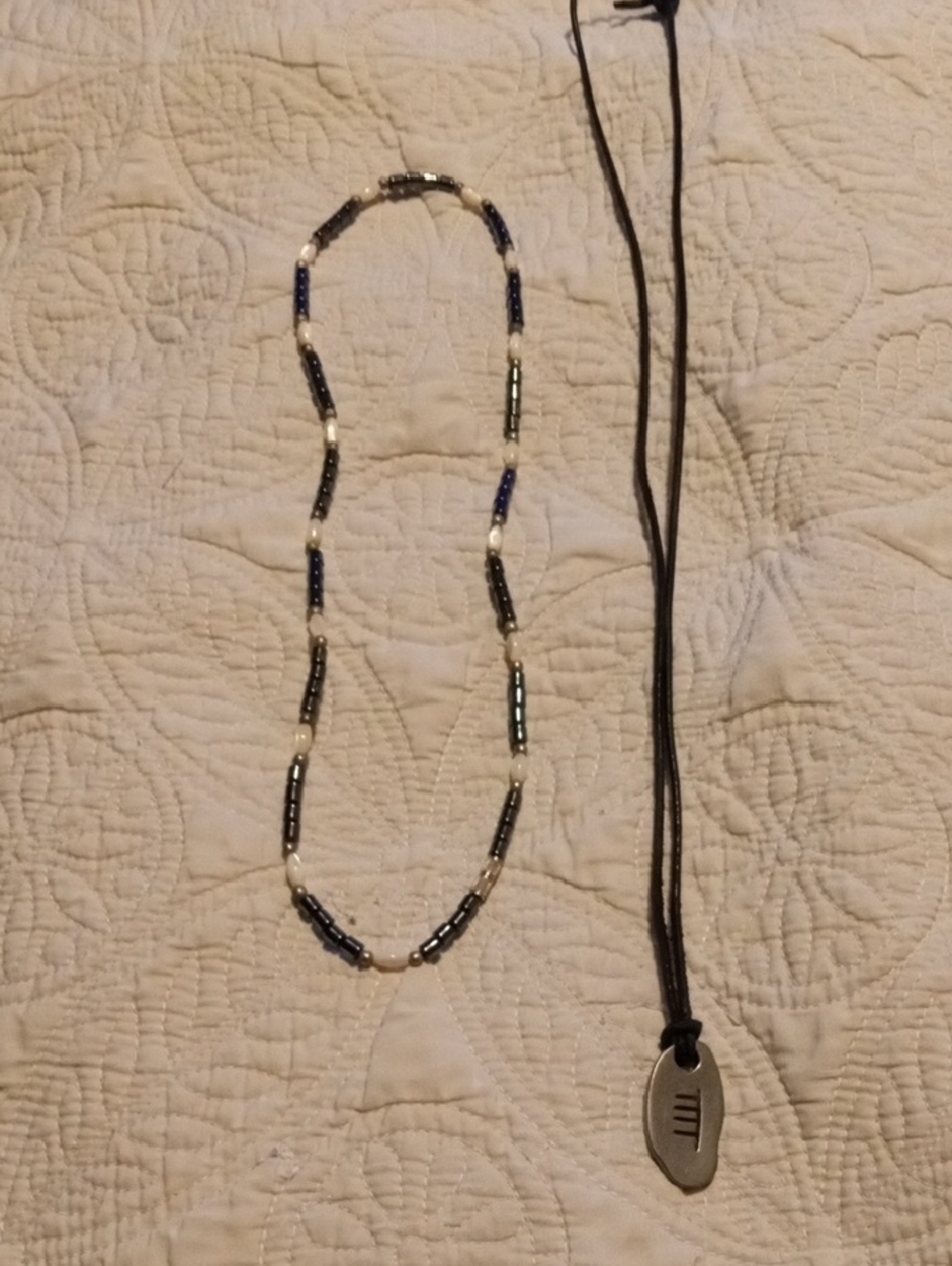 Navy and White Beaded Necklace with Frosted Triangle Pendant